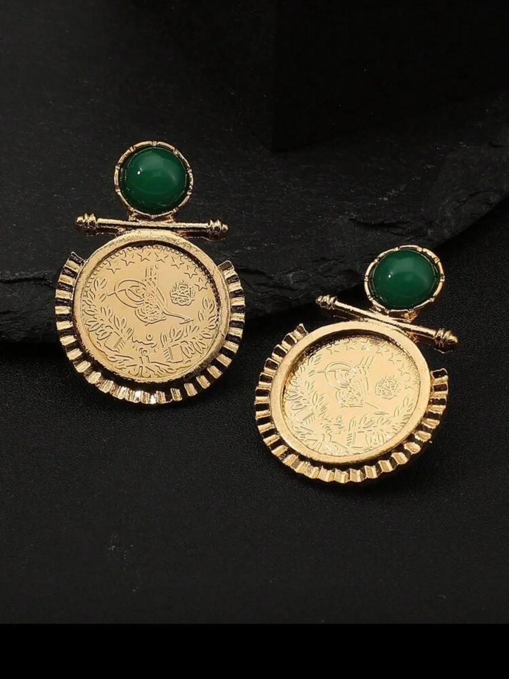 Gold Coin Drop Earrings with Green Cabochon